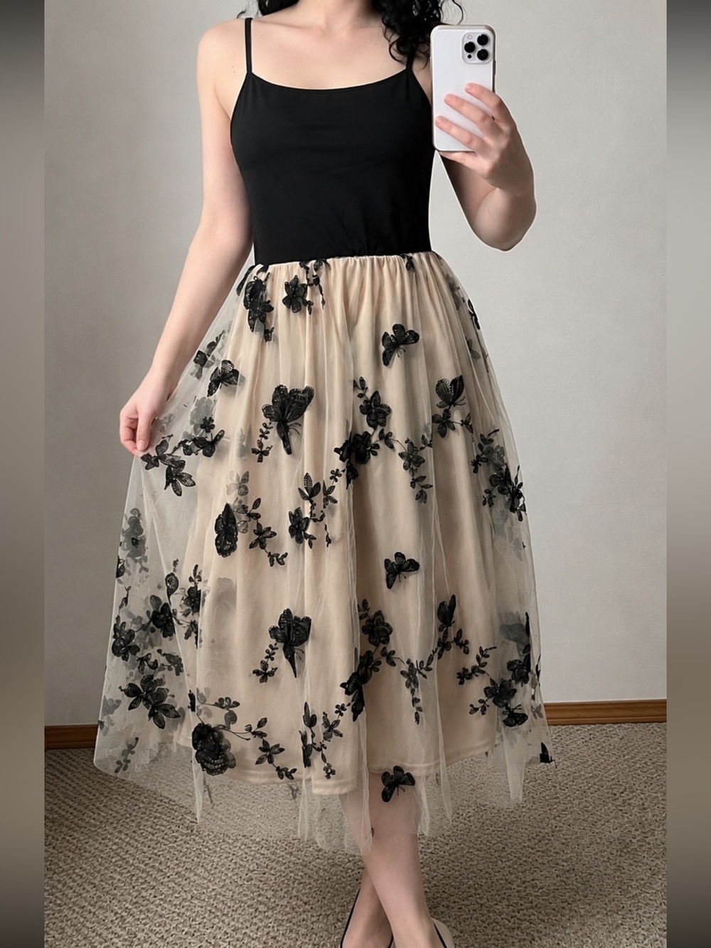 Black Dress with pink Tulle Skirt and Black Butterly Floral Appliqué